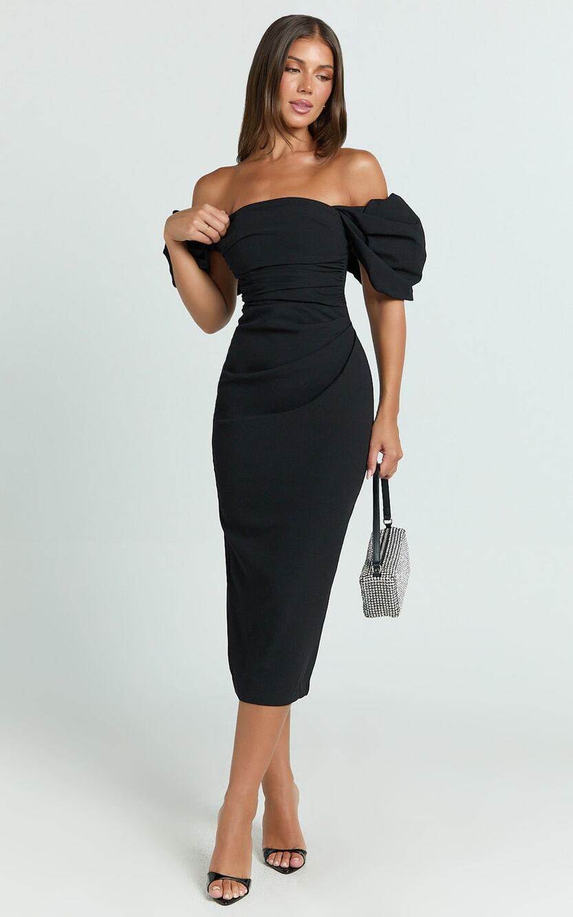 New Showpo Lohan Midi Dress Off Shoulder Puff Sleeve In Black Size 10 MSRP $129